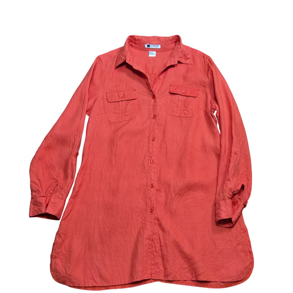 Carole Little Coral Orange 100% Linen Roll Tab Long Sleeve Tunic Button Shirt L